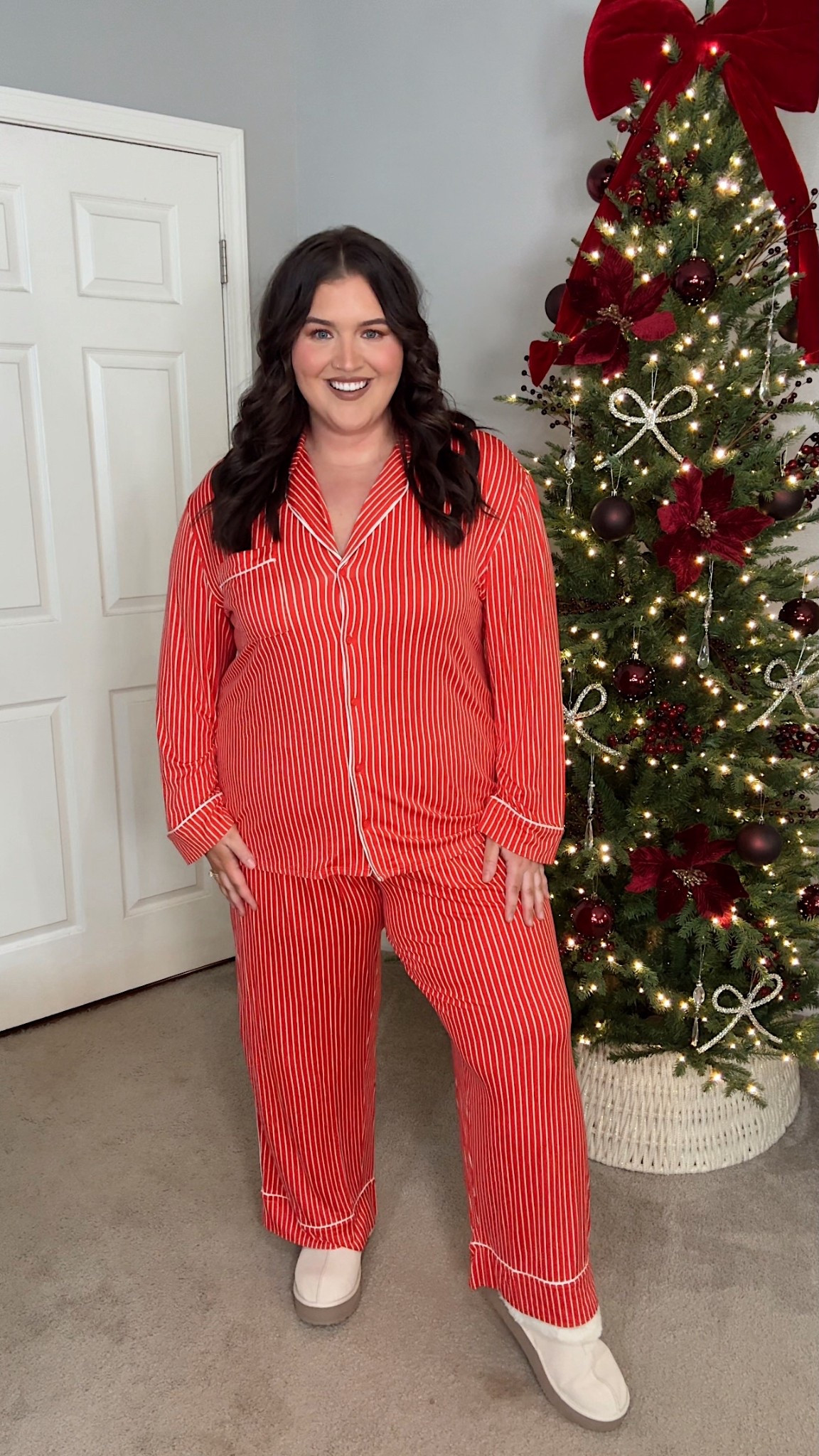 Cozy Christmas pajamas from Aerie ❤️🤍 Loving the striped candy cane vibes! Wearing an XL top + XXL pants 

#LTKPlusSize #LTKHoliday #LTKHome