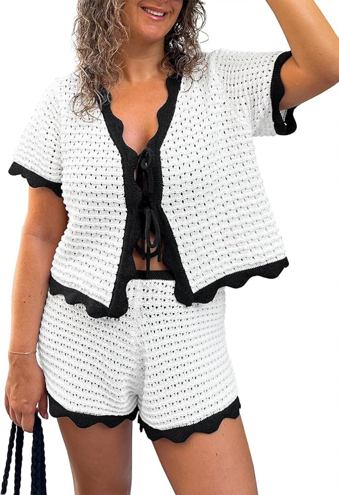 Fisoew Womens 2 Piece Swimsuit Crochet Cover Up Short Sleeve Tops Tie Front Shorts Sets Summer Be... | Amazon (US)