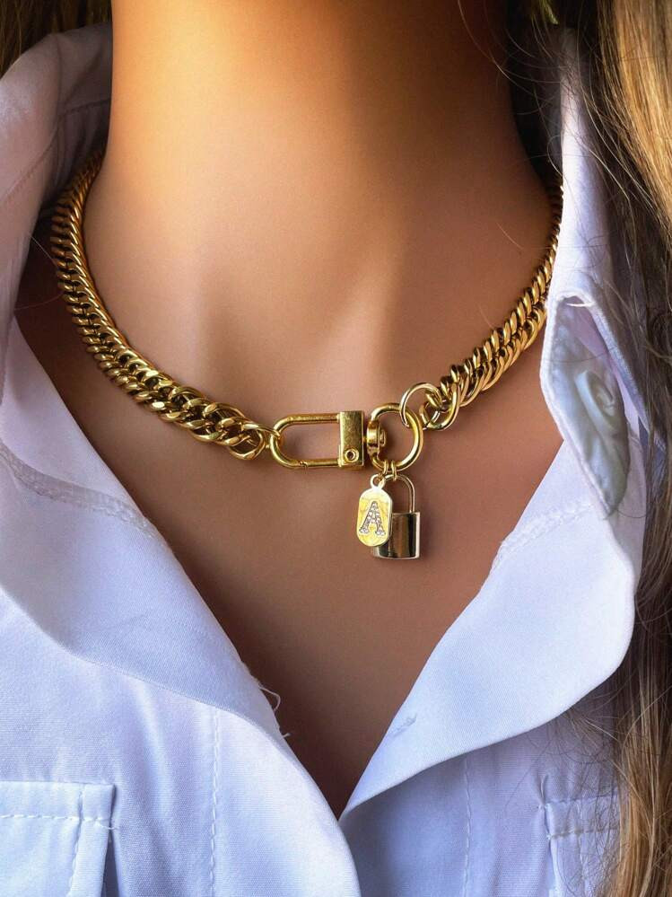 1Pc Lock With Lock Pendant And Diamond Letter Pendant, Initial Letter Necklace, Unique And High-E... | SHEIN