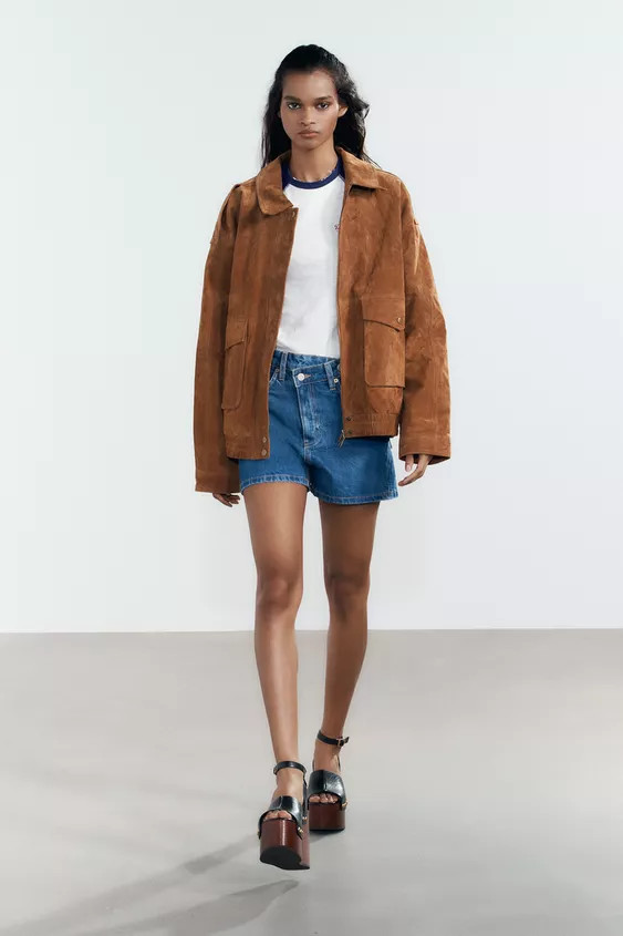100% SUEDE LEATHER BOMBER JACKET WITH POCKETS | Zara UK