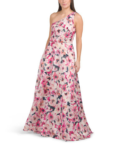 One Shoulder Floral Jacquard Gown for Women | Polyester/Metal/Elastane | Marshalls