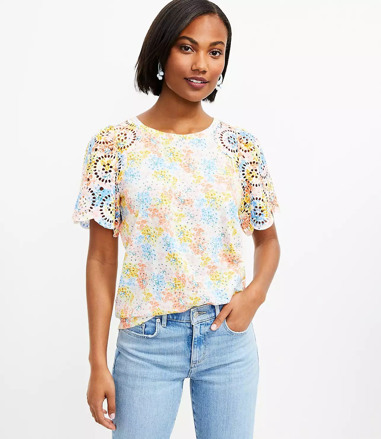 Hydrangea Eyelet Flutter Sleeve Tee | LOFT