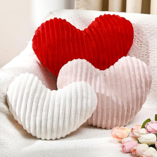Threehoney 3 Pcs Valentine's Day Heart Pillows Ribbed Heart Shaped Throw Pillows Large Love Heart Pillows Red Ivory and Pink Heart Pillows for Women Girls Couch Bed Sofa Valentine's Day Gift Decor | Amazon (US)