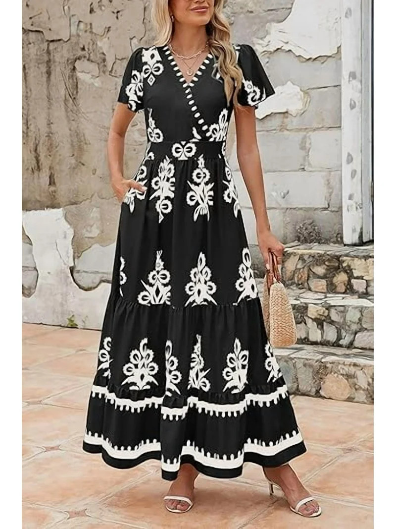 PRETTYGARDEN Womens Summer Casual V Neck Boho Maxi Dress Flowy Aline Bell Sleeve Tiered Floral Dr... | Walmart (US)