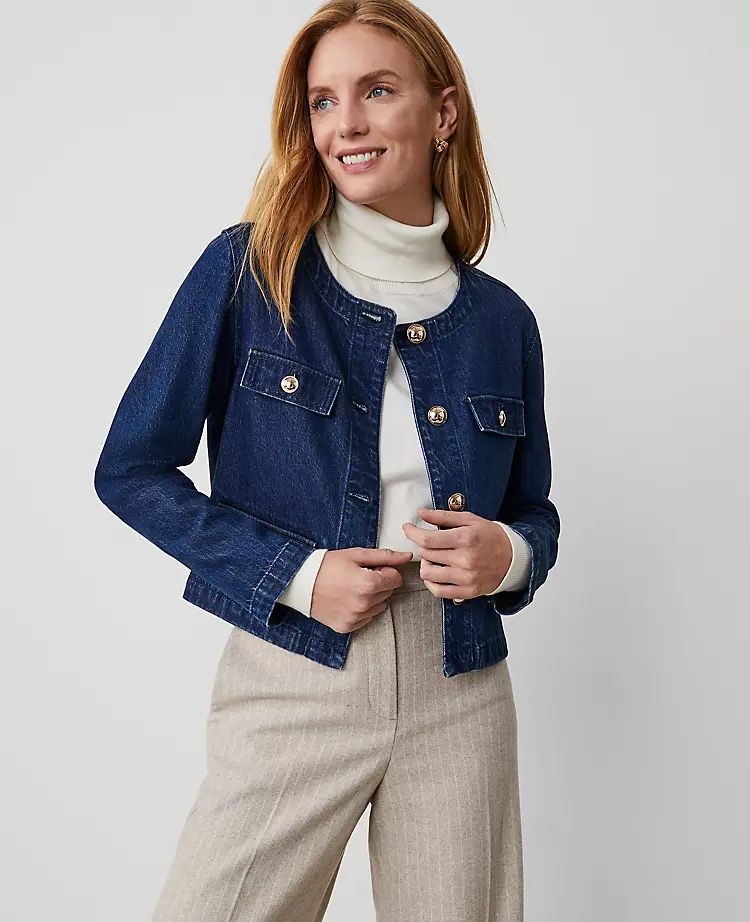 Petite Denim Collarless Button Jacket | Ann Taylor (US)