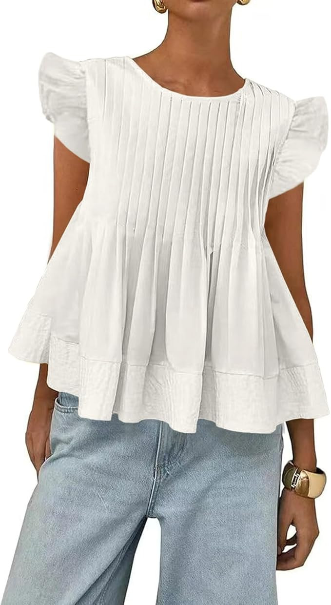 Womens Summer Tops Babydoll Peplum Blouses Casual Ruffle Sleeve Round Neck Pleated A Line Shirts ... | Amazon (US)