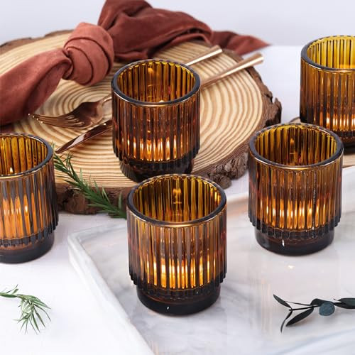 DEVI 8pcs Ribbed Amber Votive Candle Holder for Boho Wedding Decor, Amber Glass Candle Holder for Tea Lights, Vintage Boho Party Home able Decorations, Boho Fall Centerpiece Table Decorations, | Amazon (US)