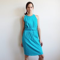 Vintage Turquoise Dress 80S Cotton Sleeveless Below The Knee Minimalistic Cute Blue Summer Fitted Unique Belted | Etsy (US)