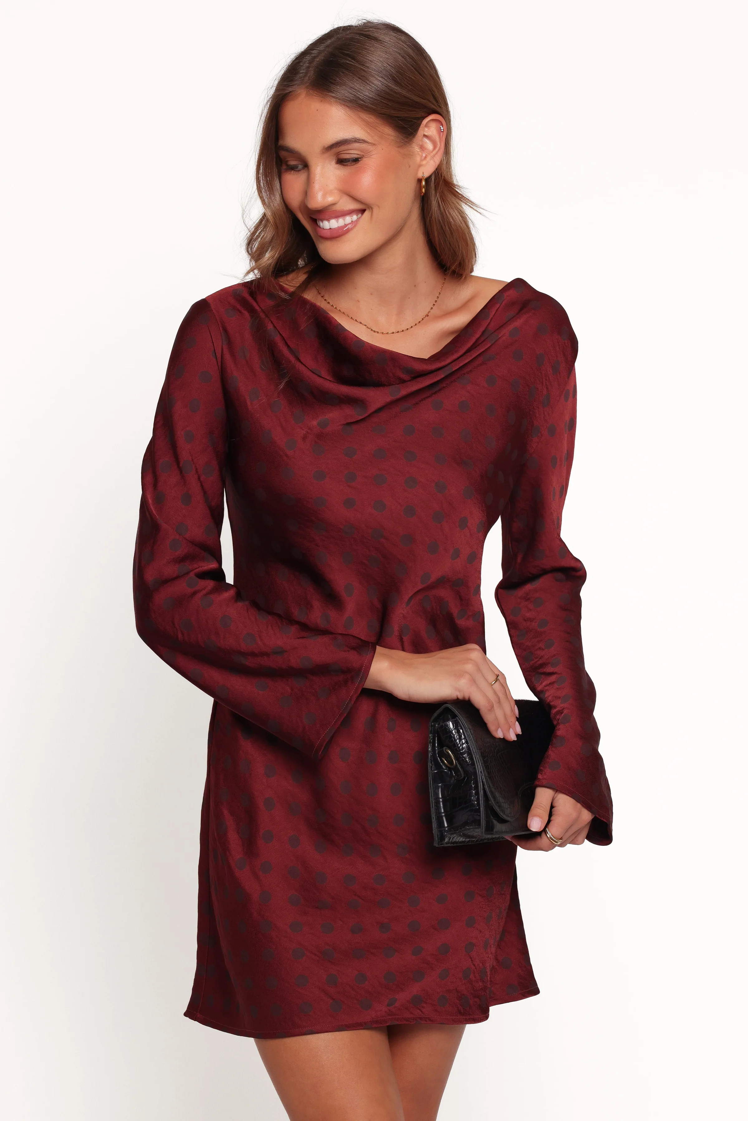 Idalee Long Sleeve Mini Dress - Brown/Maroon Polka Dot | Petal & Pup (US)