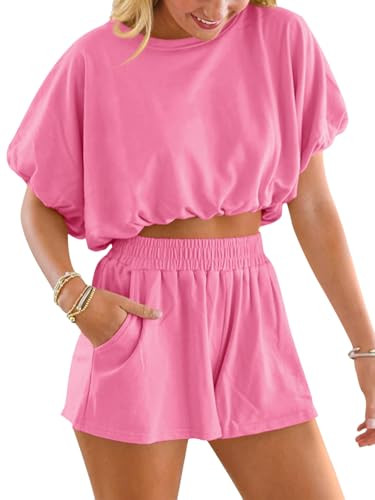 Womens 2 Piece Shorts Sets Summer Bubble Crop Tops Casual Loose Lounge Set 2026 Travel Outfits | Amazon (US)