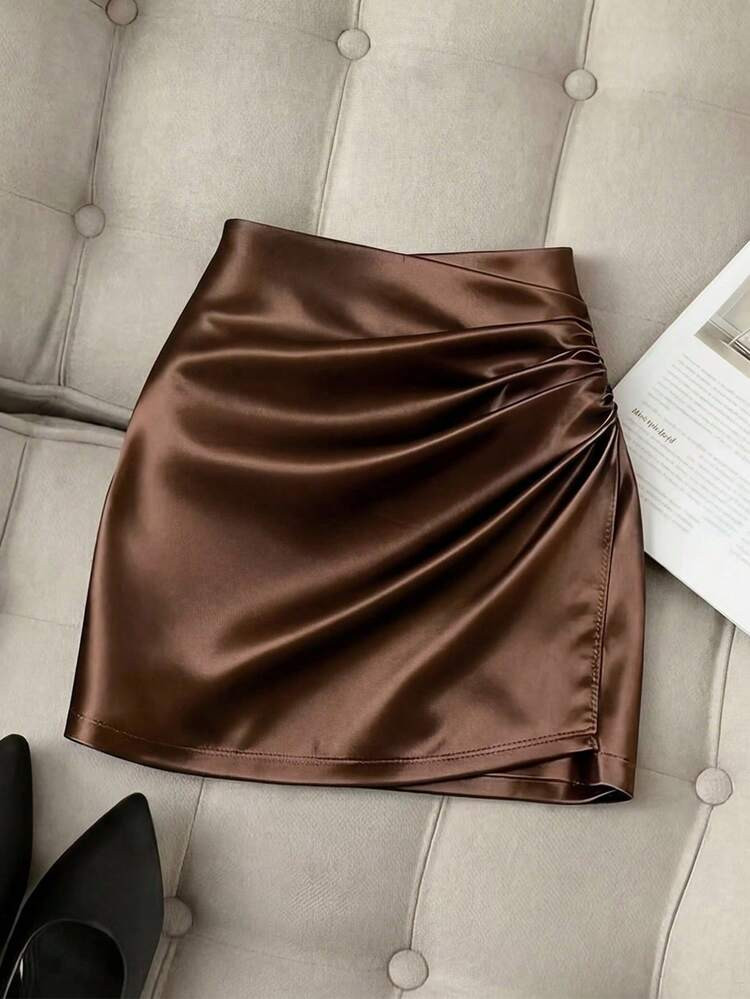 Franclia Fashionable New Satin Asymmetrical Skirt, Spring/Summer High-Waisted, Slimming, Bodycon, Sexy, Women's Elegant Midi Skirt, Graduation Season Attire, Fashionable Casual Commuter Wear, Business Office Wear, Versatile And Stylish Everyday Casual Wear, Urban Teacher's Professional Attire | SHEIN