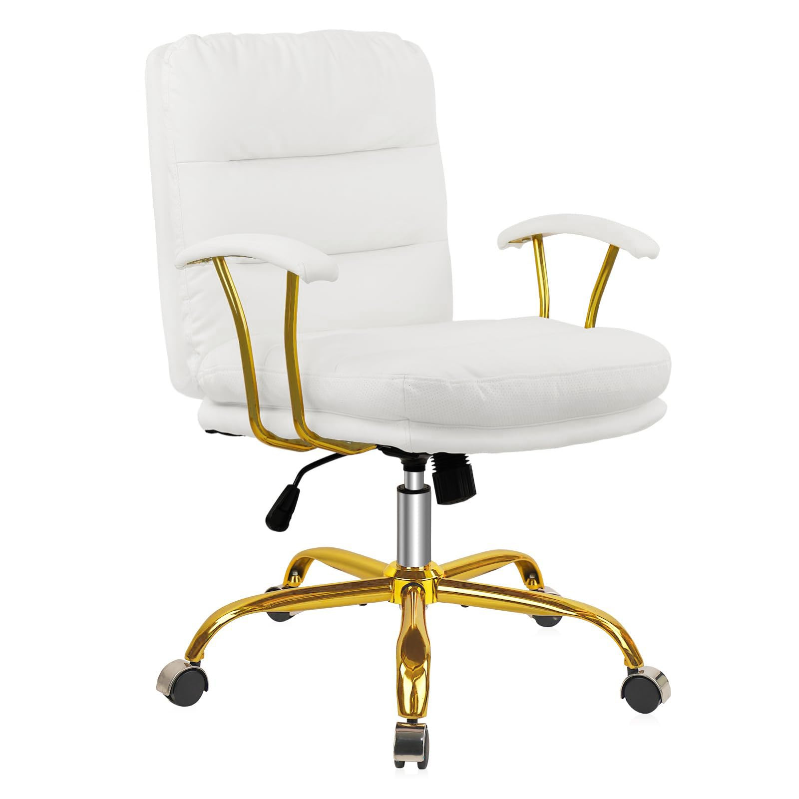 Leather Home Office Desk Chair, Mid-Back Vanity Chair Make Up Chair with Gold Wheels & Removable ... | Amazon (US)