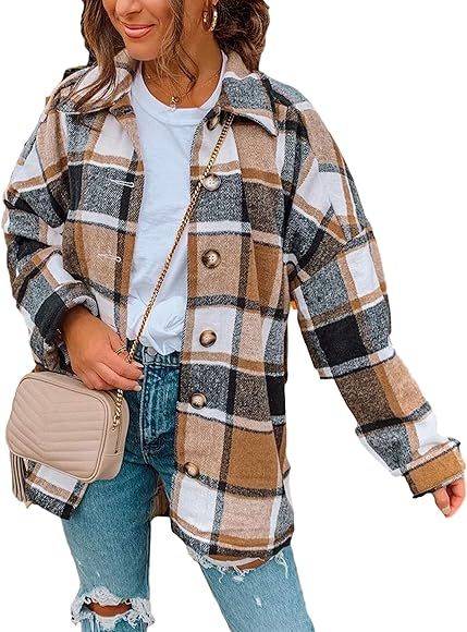 Yeokou Women's Casual Woolen Long Sleeve Button Down Plaid Shacket Shirt Jacket Tops | Amazon (CA)