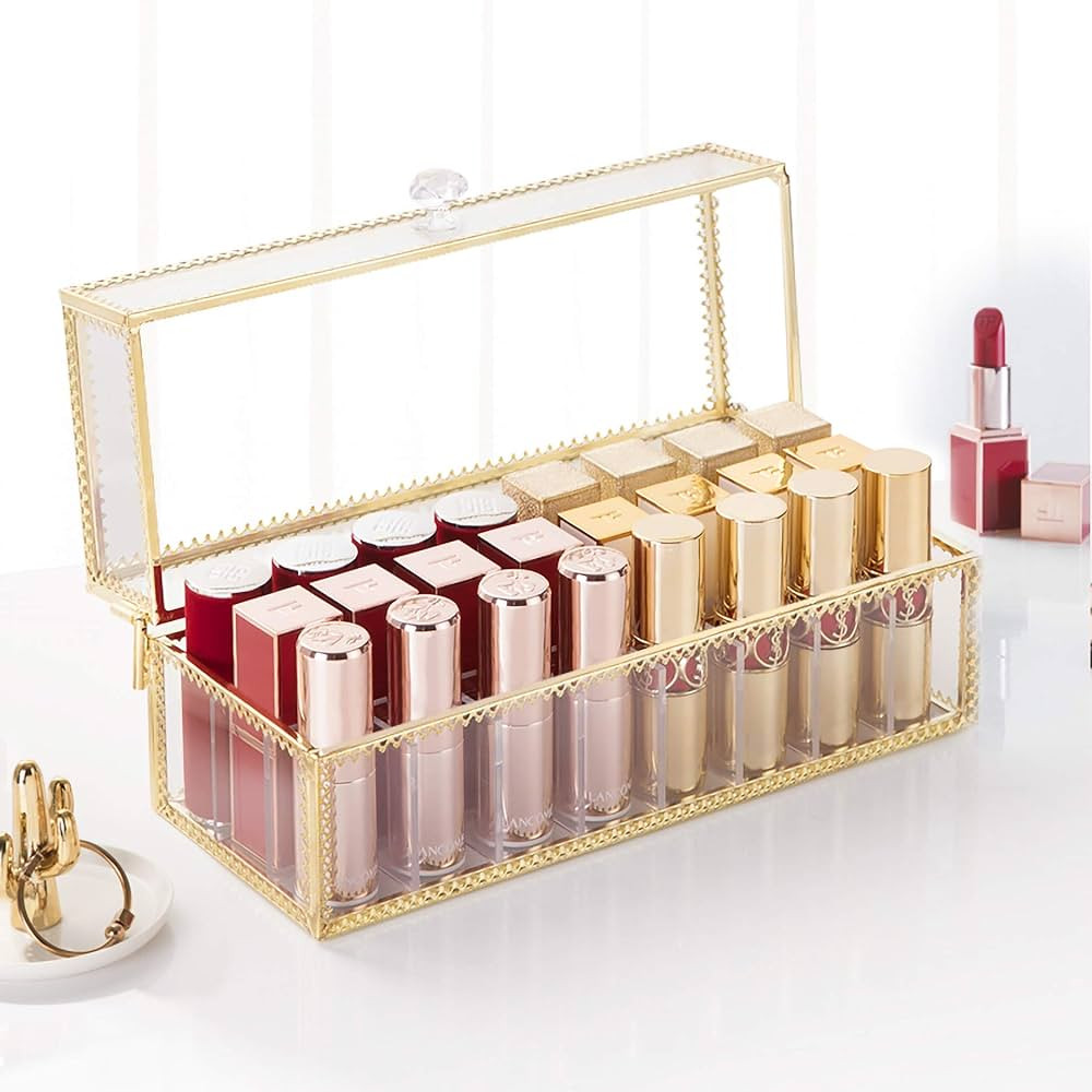 FSyueyun Glass Lipstick Organizer Holder with 24 Slot, Dust Free Vanity Lip Gloss Lipstick Eye Li... | Amazon (US)