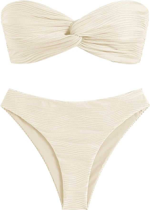 ZAFUL Women's Strapless Twist Bandeau Bikini 2 Piece Swimwear Cheeky Solid Lace up Bathing Suits | Amazon (US)