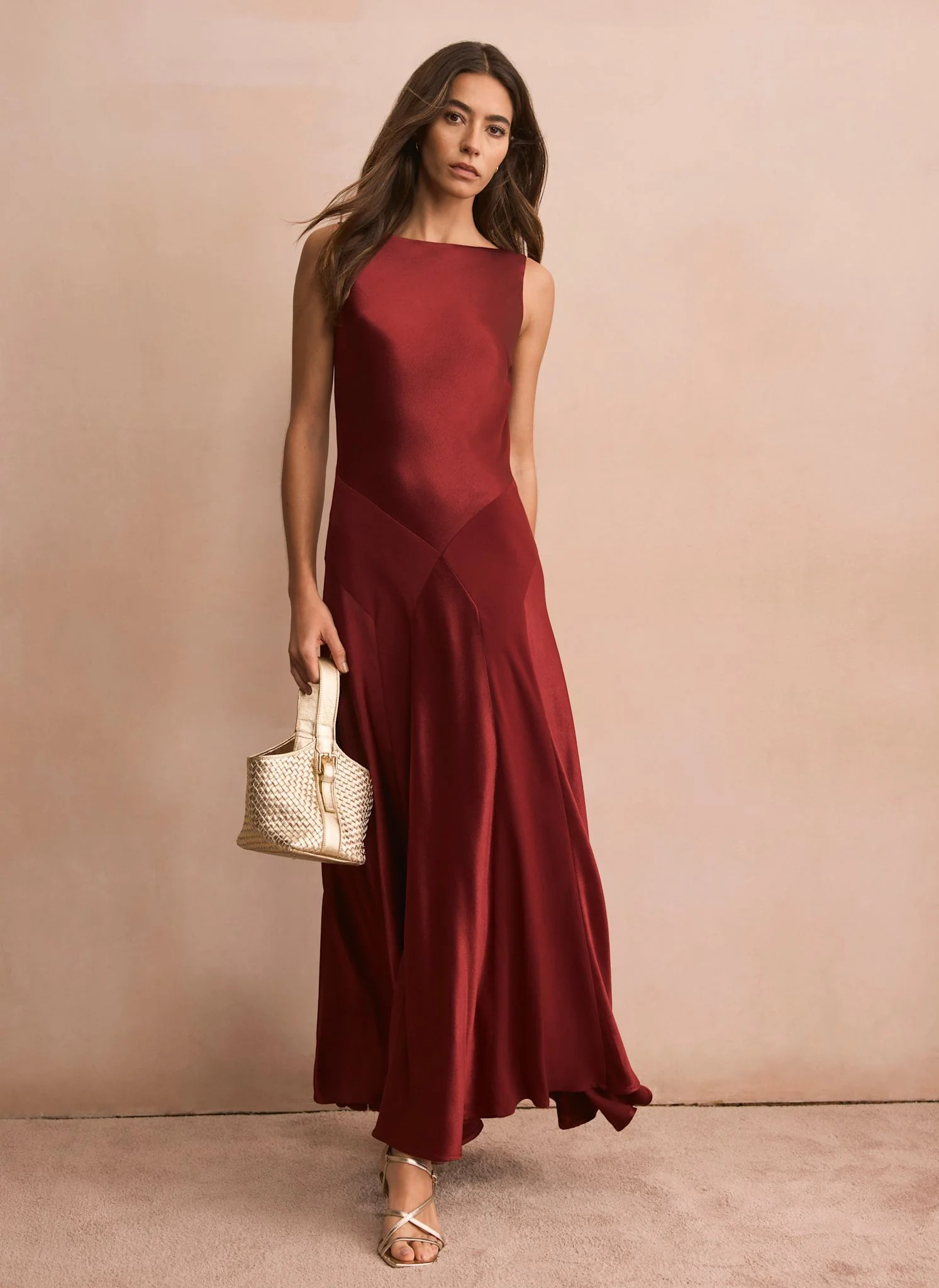 Burgundy Satin Panelled Maxi Dress | Mint Velvet