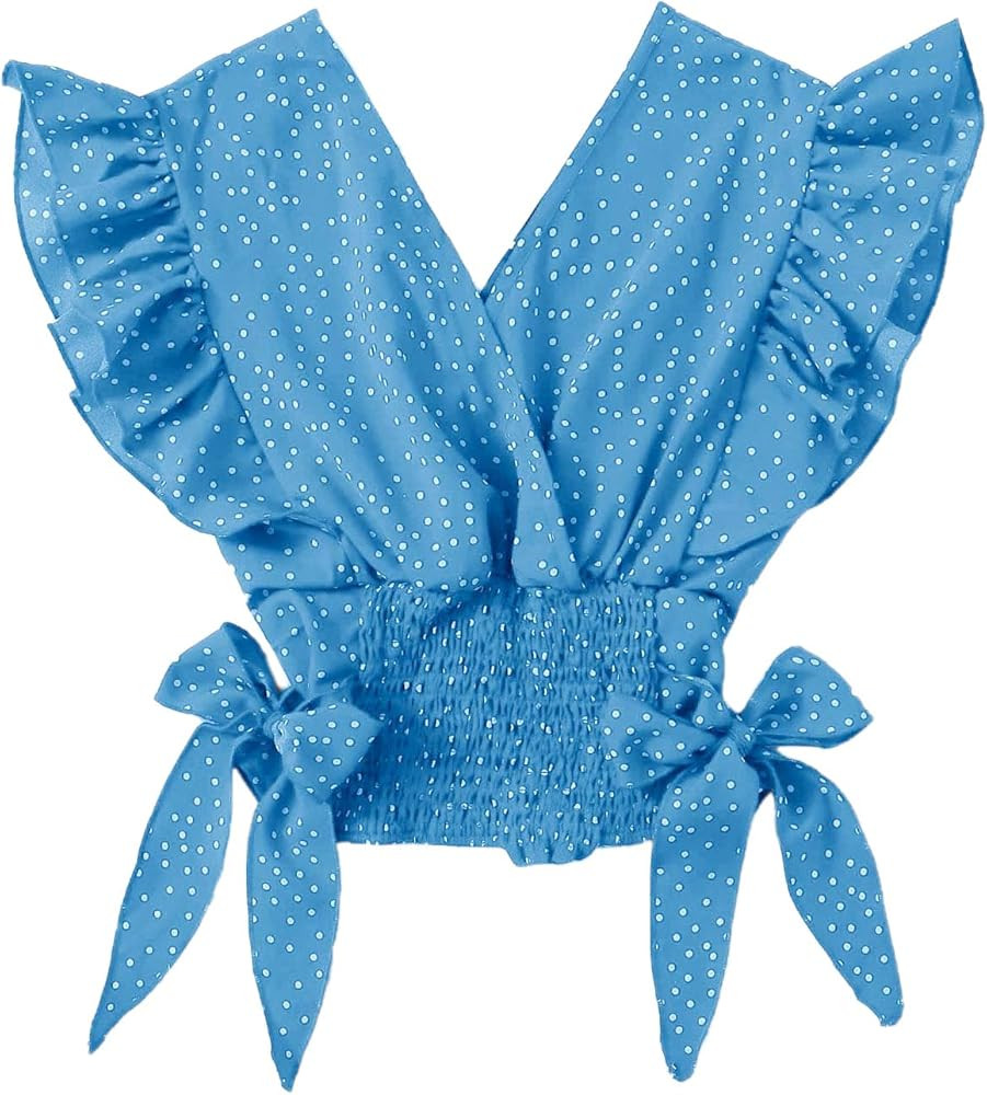 SOLY HUX Women's Polka Dots V Neck Ruffle Cap Sleeve Tie Side Crop Top Blouse | Amazon (US)