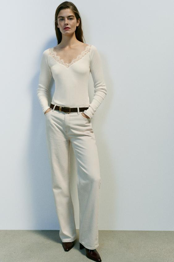 Zara - Combined Rib T-Shirt - Ecru - M - Woman | Zara UK