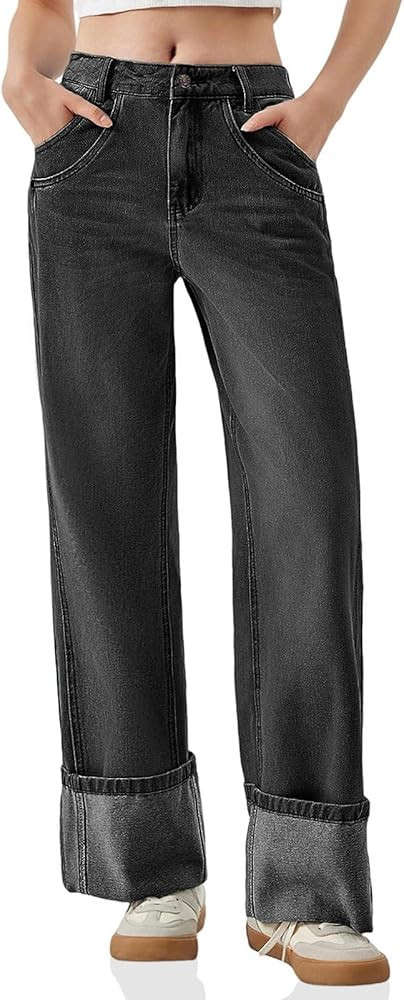 PLNOTME Womens Baggy Jeans Boyfriend Wide Leg Trendy Casual Mid Rise Cuffed Hem Denim Pants with ... | Amazon (US)