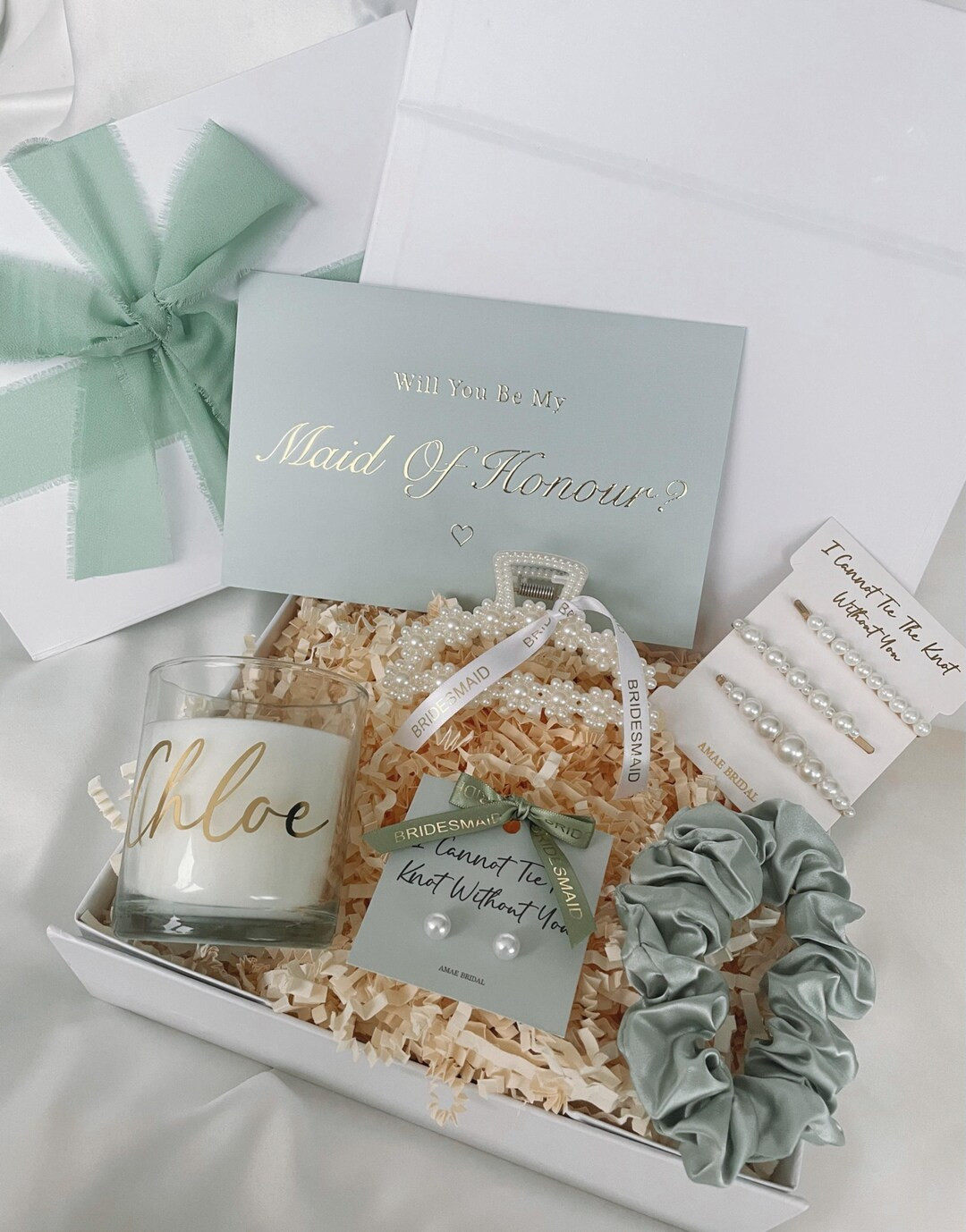 Personalised Bridesmaid Proposal Gift Box Sage Green Maid of Honour Gift Bridesmaid Gift Pearl Br... | Etsy (US)