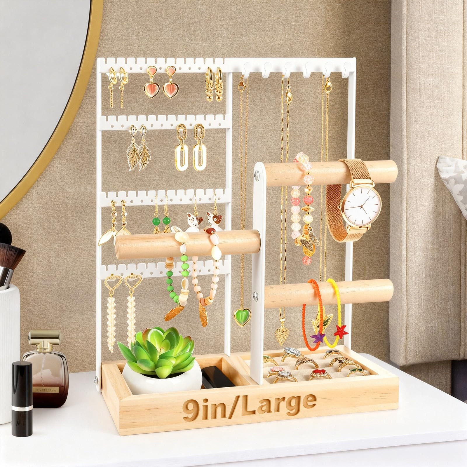 Godboat Jewelry Organizer, 4-Tier Earring Holder Organizer with 48 Holes, 6 Hooks Necklace Rack, ... | Amazon (US)