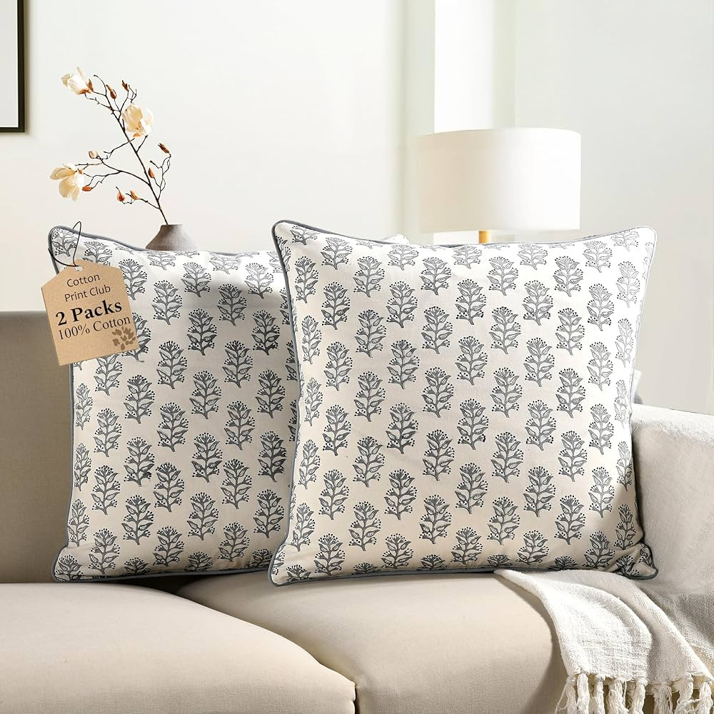 CPC 100% Cotton Throw Pillow Covers 20x20 Inch, Set of 2 Block Print Pattern Couch Pillow with Hi... | Amazon (US)
