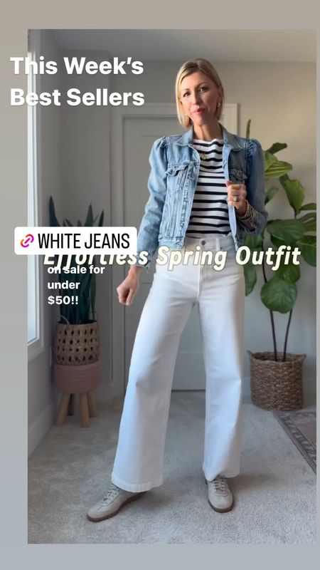 These amazing white wide leg jeans are the perfect spring pant! 

I recommend always going up a size for a flattering, relaxed fit. 

I’m 5’10” for height, reference, and wearing a size 28 long

#LTKfindsunder50 #LTKover40 #LTKVideo