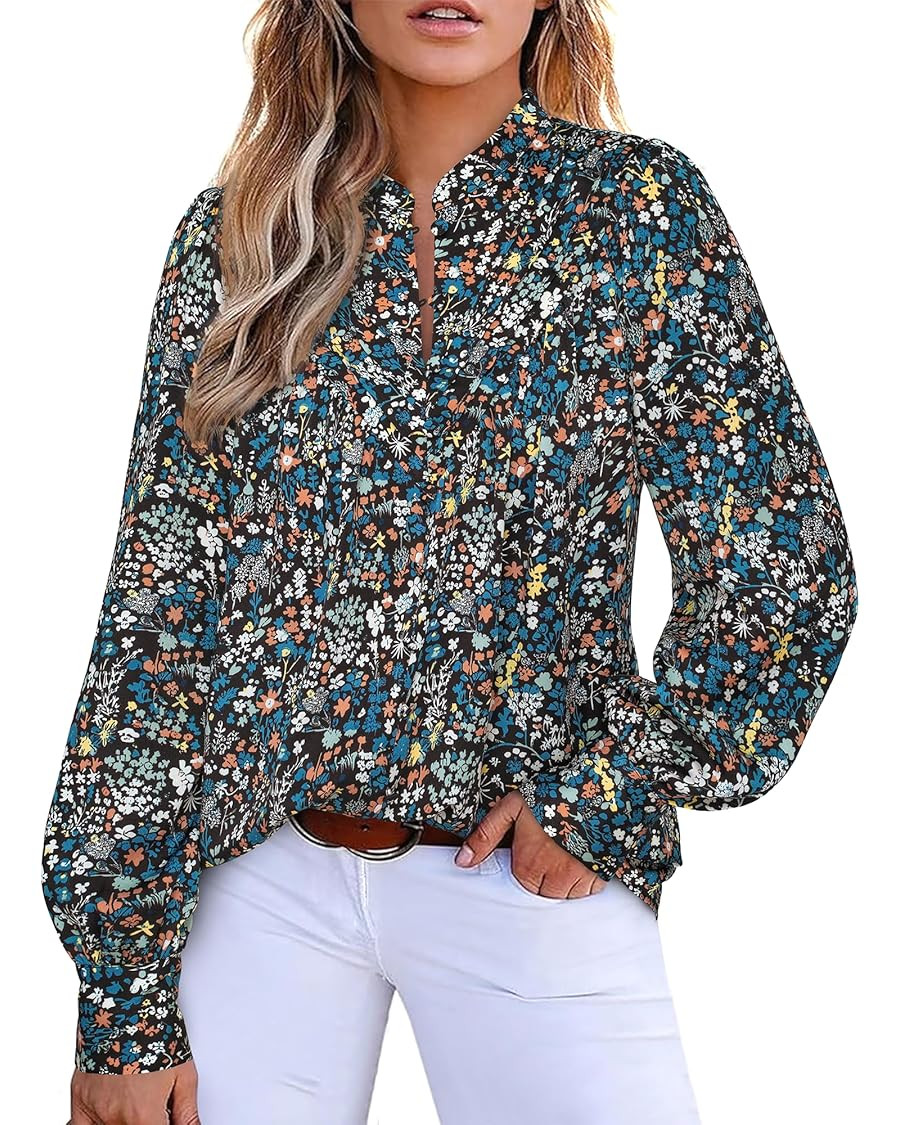 BTFBM Womens Tops Dressy Casual Spring 2026 Boho Floral V Neck Long Sleeve Half Button Down Shirt... | Amazon (US)