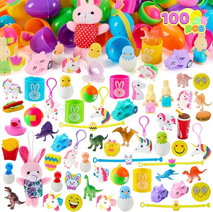 JOYIN 100 Pcs Prefilled Easter Eggs with Toys Plus Stickers, Filled with Toys Party Favors for Ki... | Amazon (US)