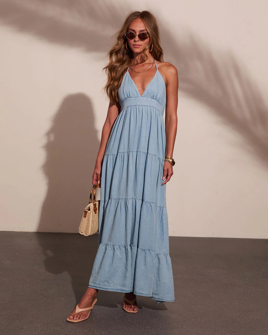 Maesy Tiered Halter Neck Chambray Maxi Dress | VICI