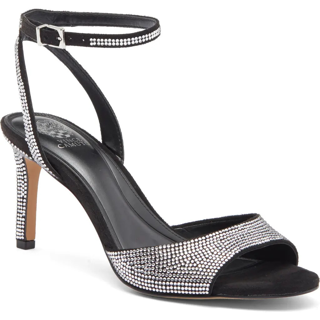 Vince Camuto Arilenea Rhinestone Ankle Strap Sandal in Black Microsuede at Nordstrom Rack, Size 5.5 | Nordstrom Rack