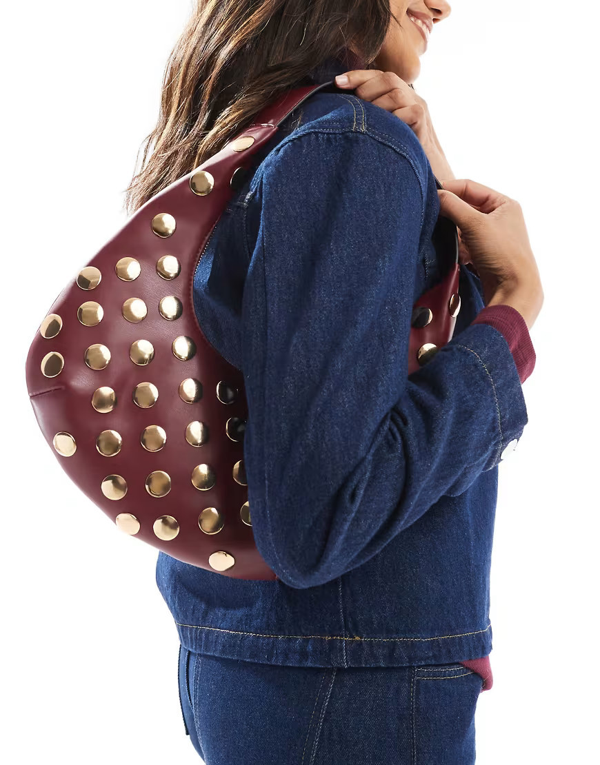 ASOS DESIGN half moon studded shoulder bag in burgundy-Red | ASOS (Global)