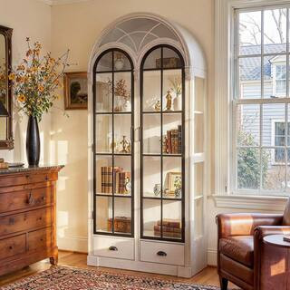 Homsee White 35.4 in. Display Cabinet with Arched Glass Doors, 5-Shelves and 2-Bottom Drawers, St... | The Home Depot