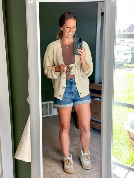 outfit of the day || added my favorite sweater for the cooler morning with a tank for when it warms up ☀️ 
sweater - small
tanka top - small
shorts - 26 

#LTKFind #LTKunder100 #LTKunder50