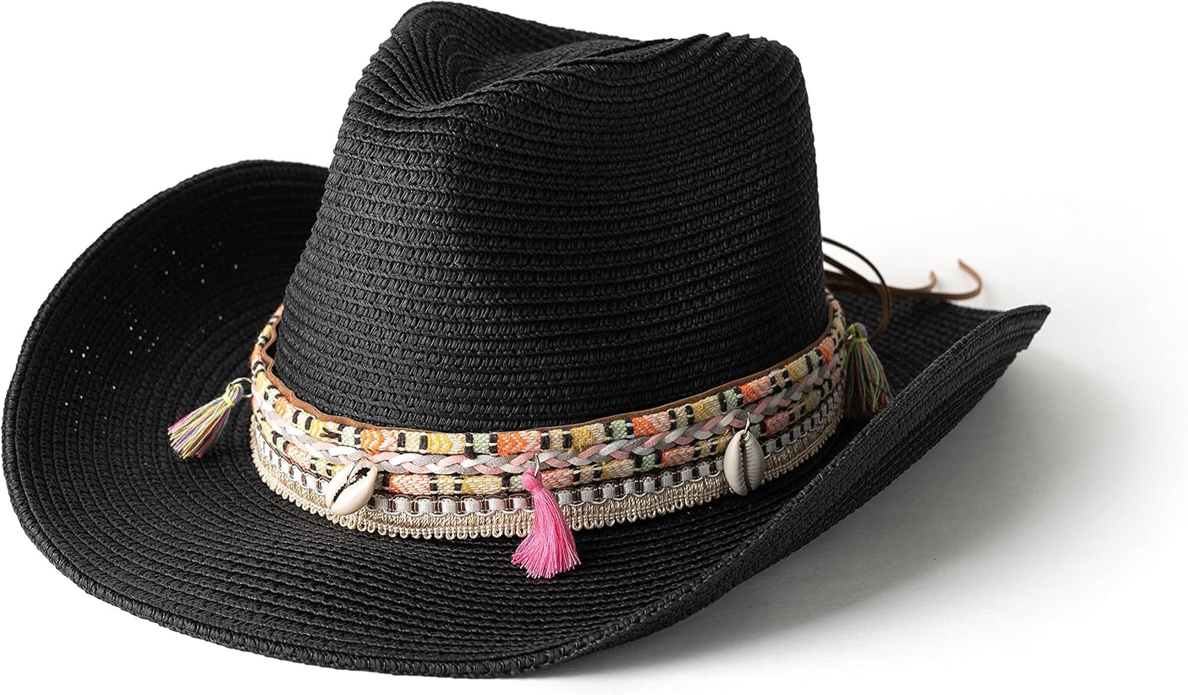 Gossifan Women's Woven Straw Cowboy Hat w/Beaded Trim Band Hat Beach Holiday Sun Hats | Amazon (US)