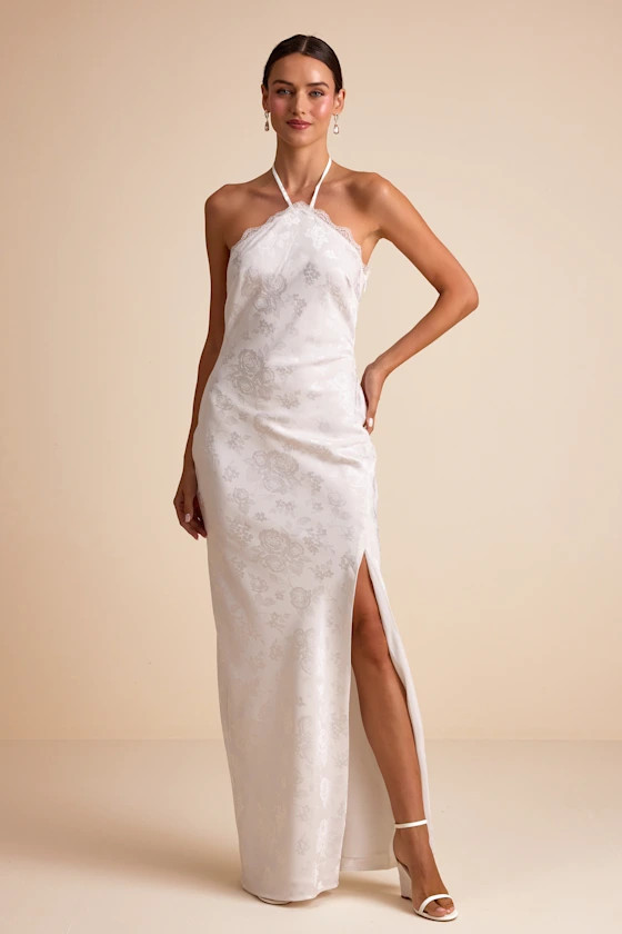 Emeris White Satin Jacquard Lace Halter Maxi Dress | Lulus