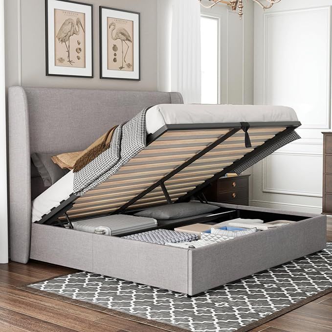 Jocisland Queen Size Lift Up Storage Bed Frame Linen Upholstered Platform Bed/Hydraulic Storage/M... | Amazon (US)