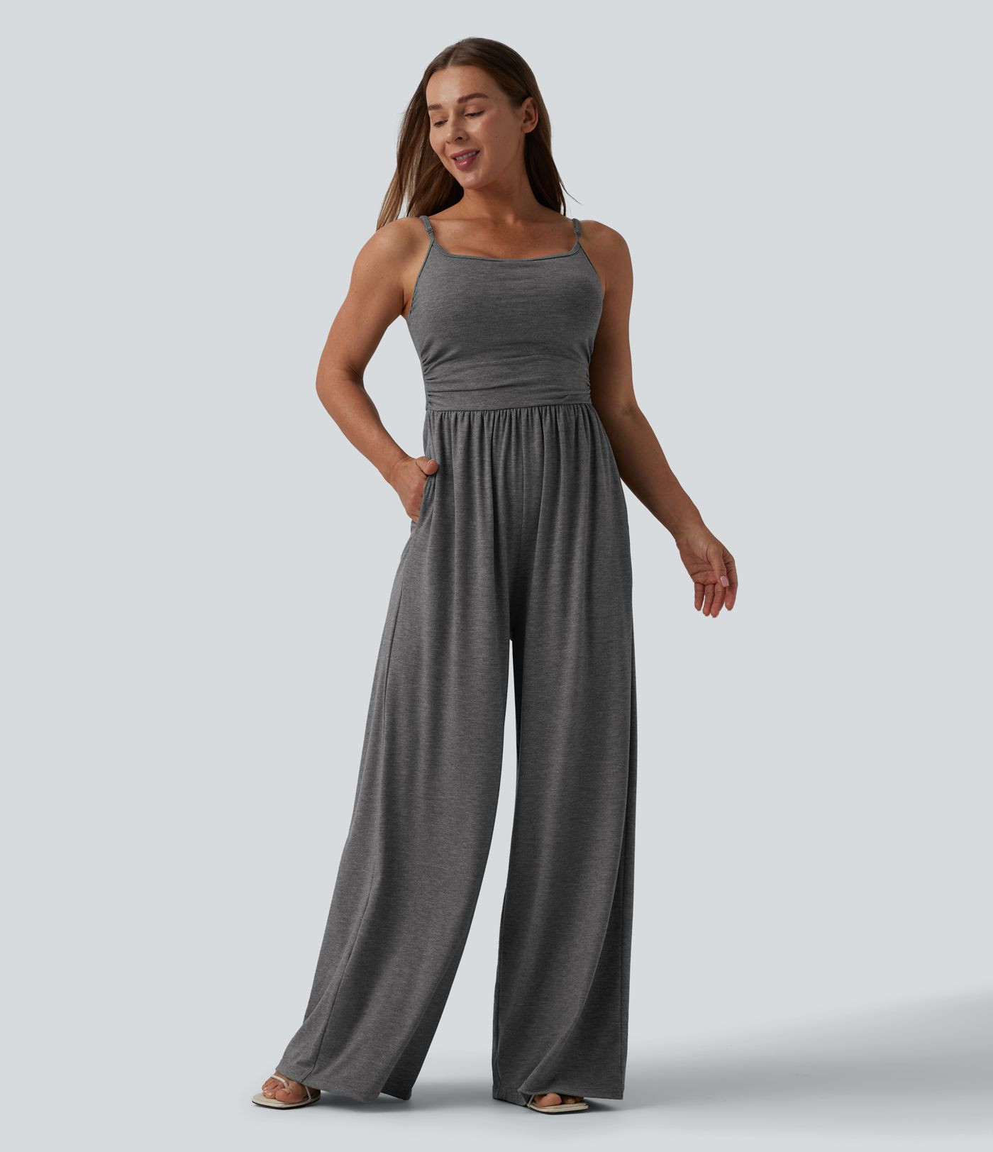 Adjustable Straps Ruched Wide Leg Heathered Casual Jumpsuit with Pockets-Easy Peezy | HALARA