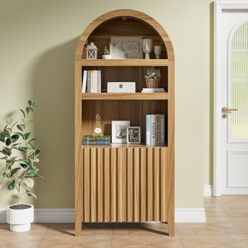 UEV 71" Tall Arched Cabinet,Arched Storage Cabinet with Doors, 5-Tier Display Cabinet,Wooden Arched Bookcase Bookshelf with Open Storage Shelf for Living Room,Kitchen(Natural) | Amazon (US)