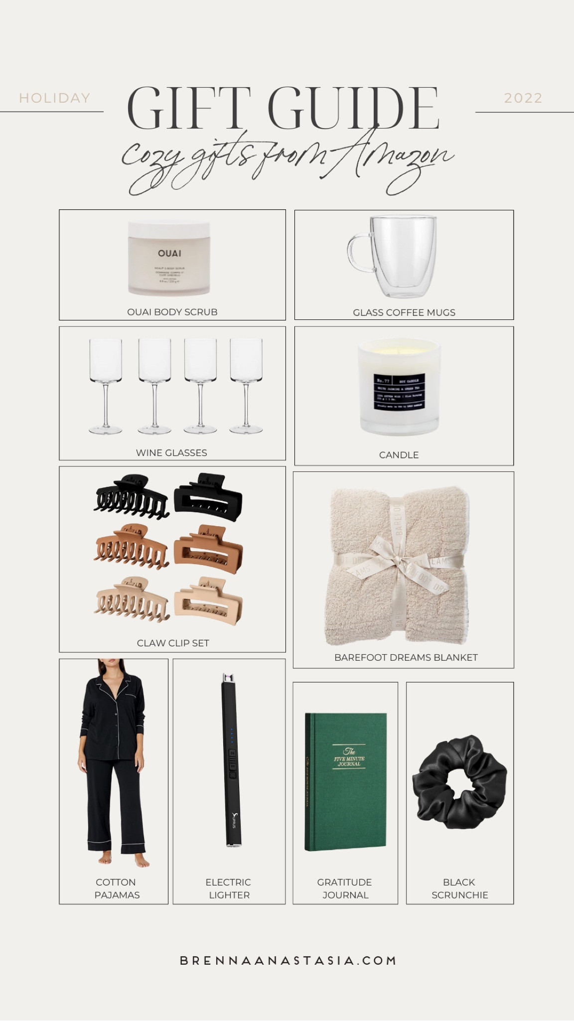 Cozy gift ideas from Amazon! Holiday gift guide 2022, wine glasses, pajamas, five minute journal, Ouai body scrub, clear coffee mugs, glass coffee mug, scrunchie, Barefoot dreams blanket, fuzzy slippers 

#LTKunder50 #LTKhome #LTKHoliday
