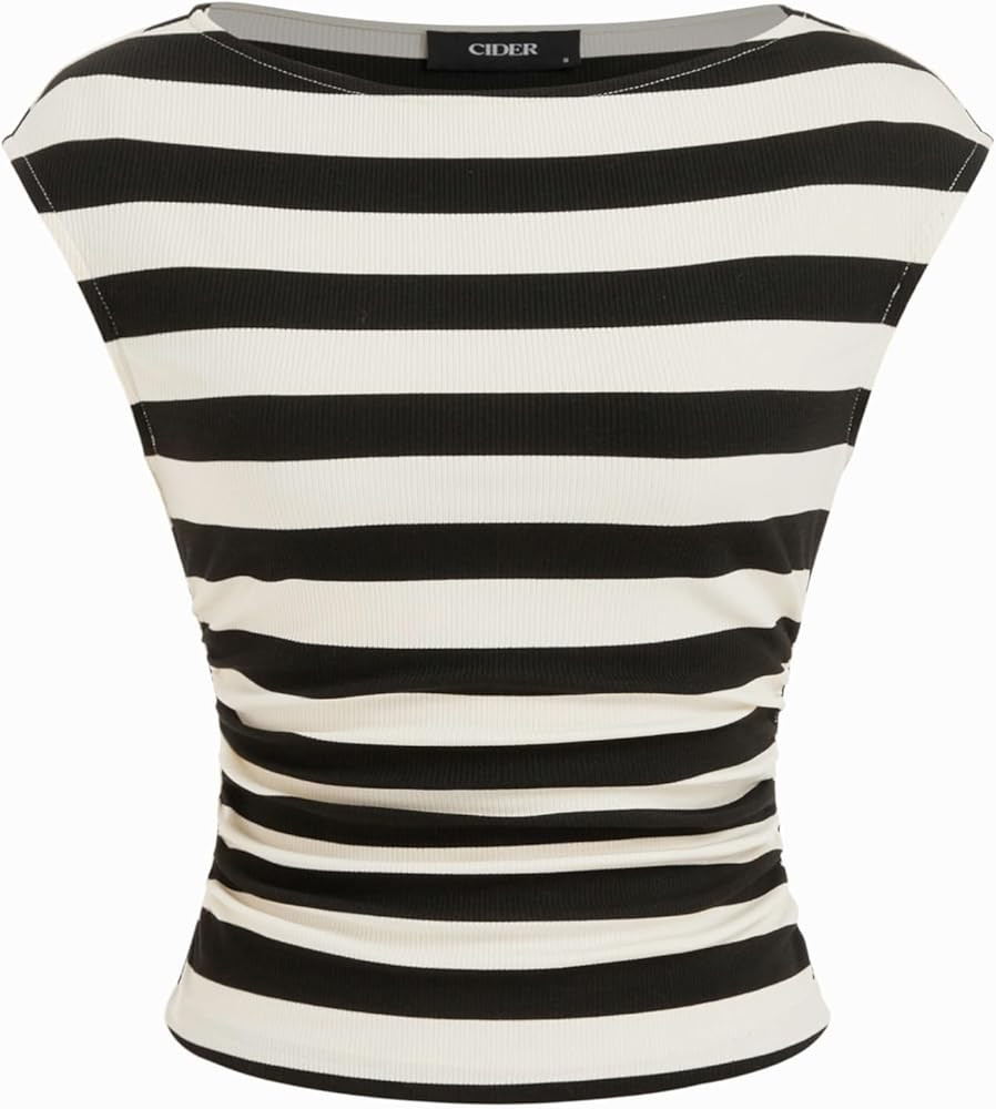 CIDER Boat Neck Tops for Women Sleeveless Ruched Crop Tank Tops Slim Fit Trendy Summer Outfits Ca... | Amazon (US)