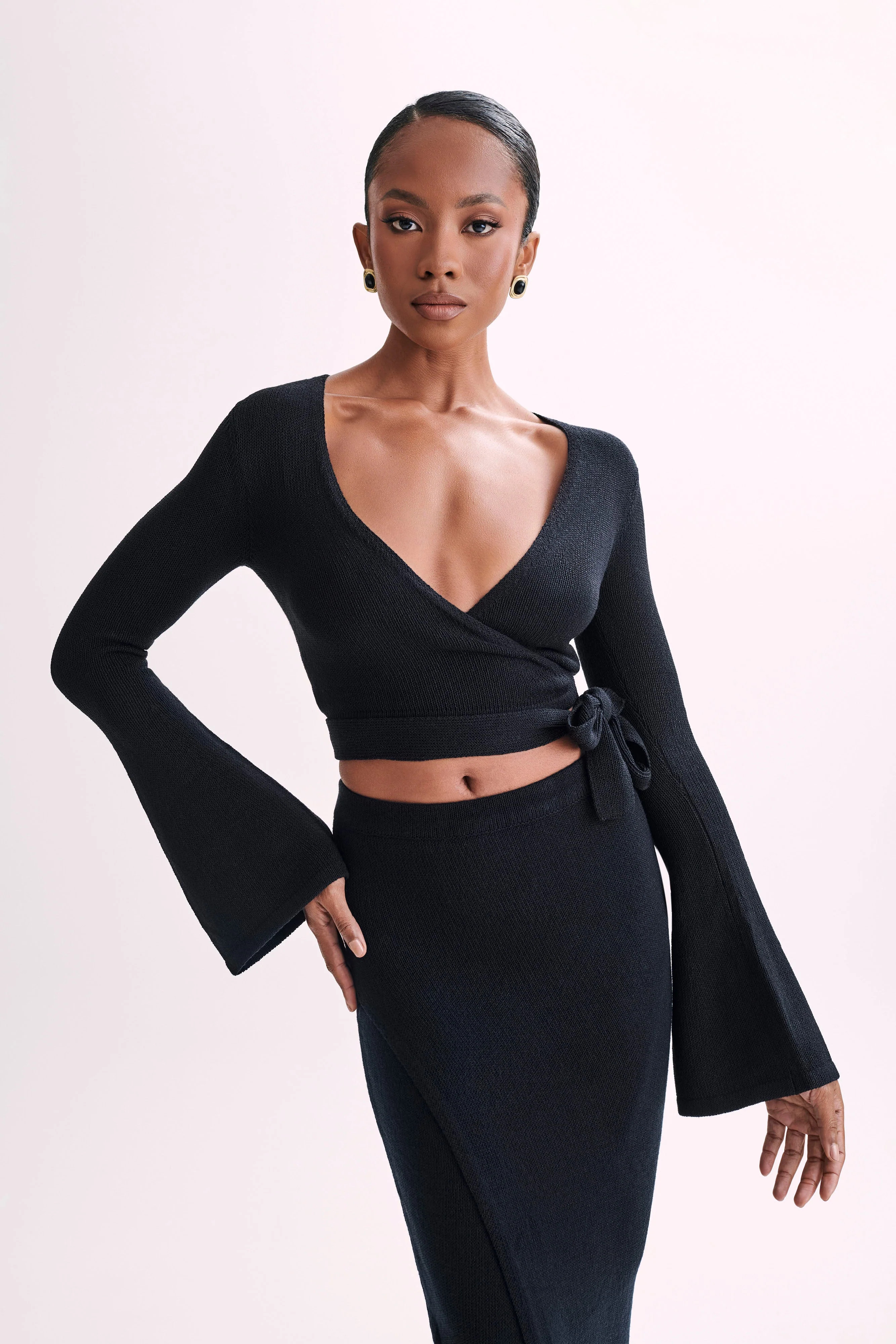 Petra Flare Sleeve Knit Top - Black | MESHKI US