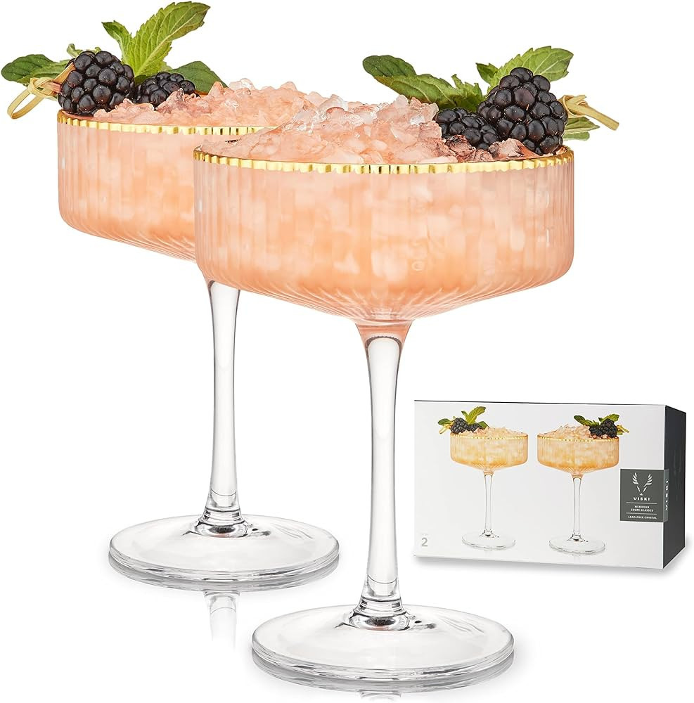 Viski Meridian Vintage Coupe Glasses, Art Deco Champagne Coupe Glassware, Gold Rimmed Stemmed Dri... | Amazon (US)