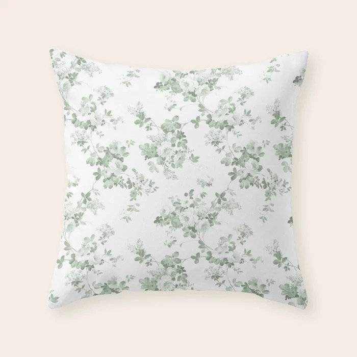 Elegant vintage green white roses shabby floral Throw Pillow | Society6