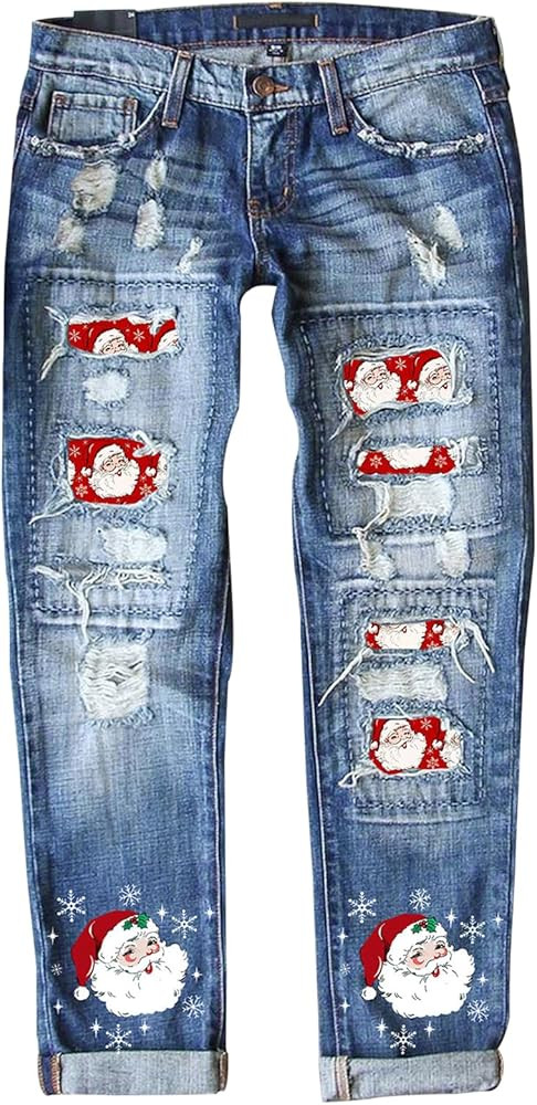 EVALESS Ripped Jeans for Women Plaid Patch Boyfriend Skinny Distressed Denim Jean Pants | Amazon (US)