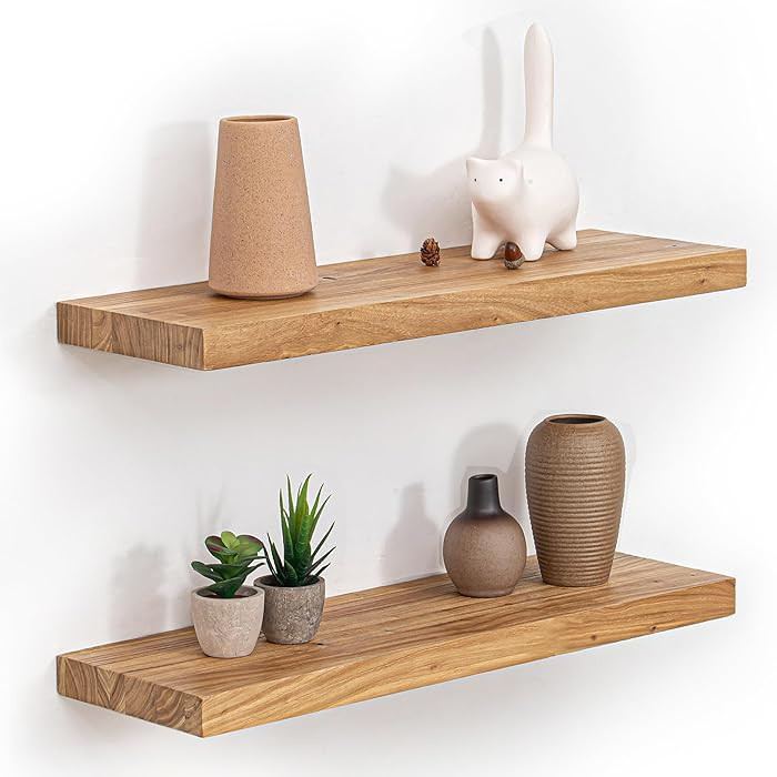 Fun Memories Floating Shelves for Wall Set of 2, Rustic Solid Elm Wood Wall Shelves 24 Inch - Inv... | Amazon (US)