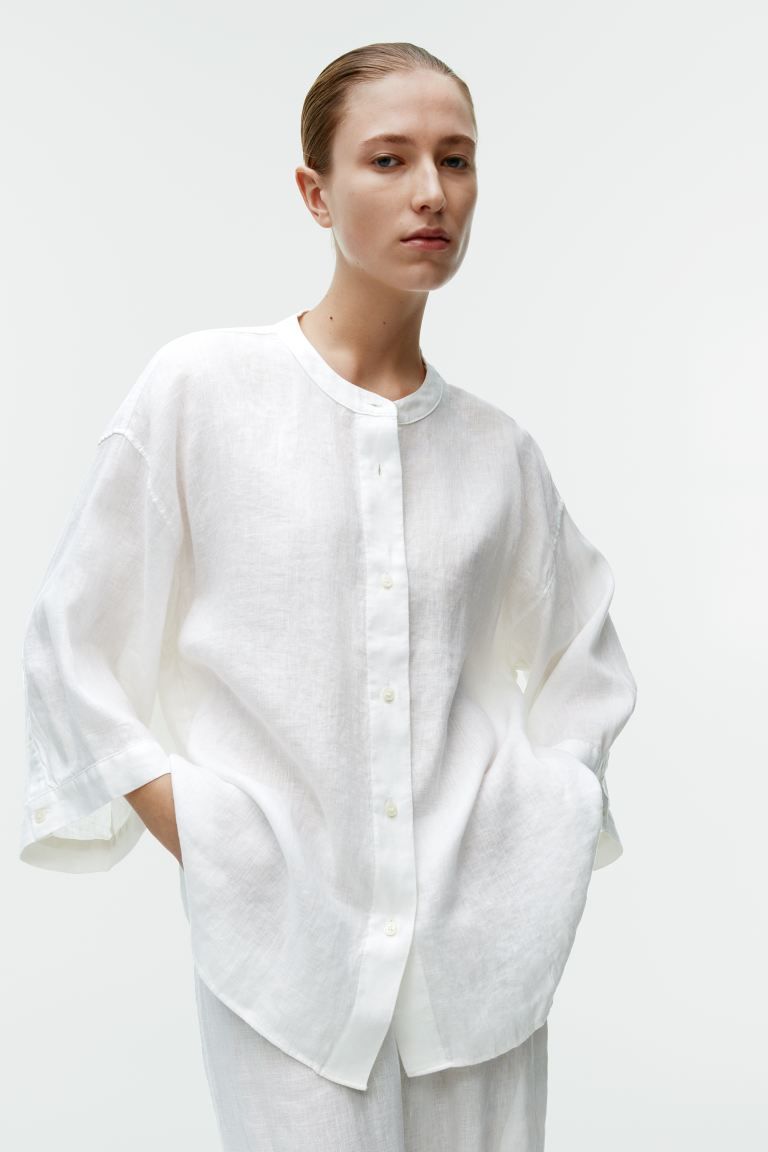 Relaxed Linen Shirt - 3/4 sleeve - Regular length - White - Ladies | H&M GB | H&M (UK, MY, IN, SG, PH, TW, HK)