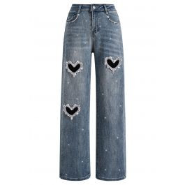 3D Cut-Out Heart Rhinestones Straight Leg Jeans | Chicwish