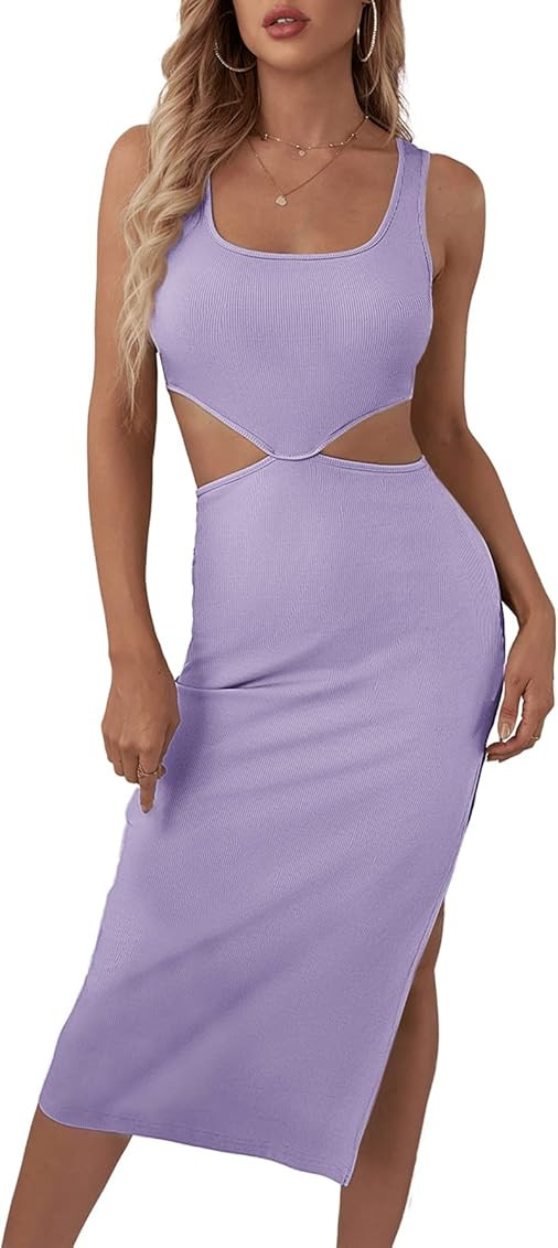 Verdusa Women's Cut Out Waist Split Side Square Neck Midi Bodycon Tank Dress | Amazon (US)