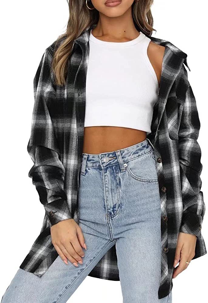 Lacozy Womens Buffalo Plaid Flannel Shirt Long Sleeve Collar Button Down Blouses Tops | Amazon (US)